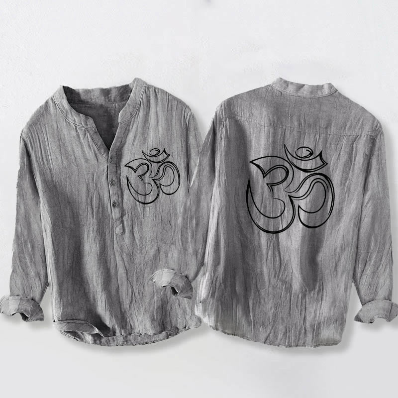 Buddha Stones Plain Om Symbol Pattern Half Buttons Design Men's Cotton Linen Long Sleeve Shirt - Gray - US/UK/AU50，EU60 (5XL) - image 0