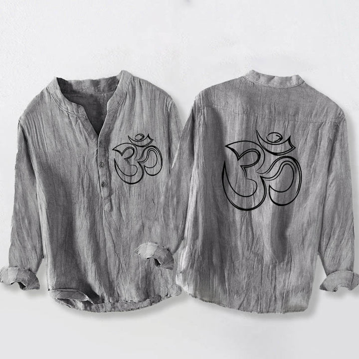 Buddha Stones Plain Om Symbol Pattern Half Buttons Design Men's Cotton Linen Long Sleeve Shirt - Gray - US/UK/AU50，EU60 (5XL) - image 0