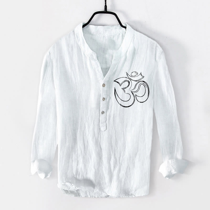Buddha Stones Plain Om Symbol Pattern Half Buttons Design Men's Cotton Linen Long Sleeve Shirt - image 7