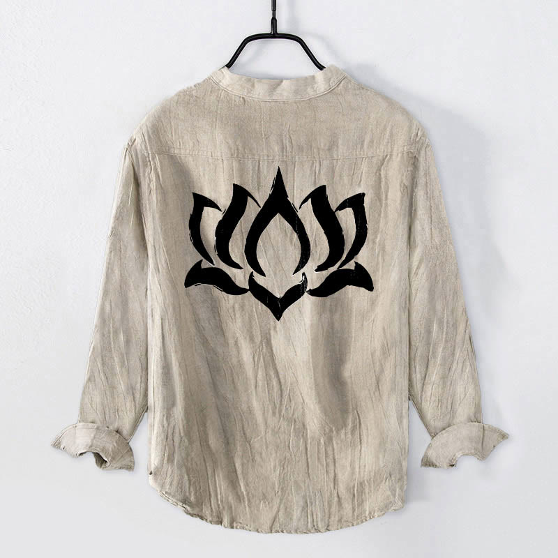 Buddha Stones Lotus Om Symbol Pattern Half Buttons Design Men's Cotton Linen Long Sleeve Shirt - image 5
