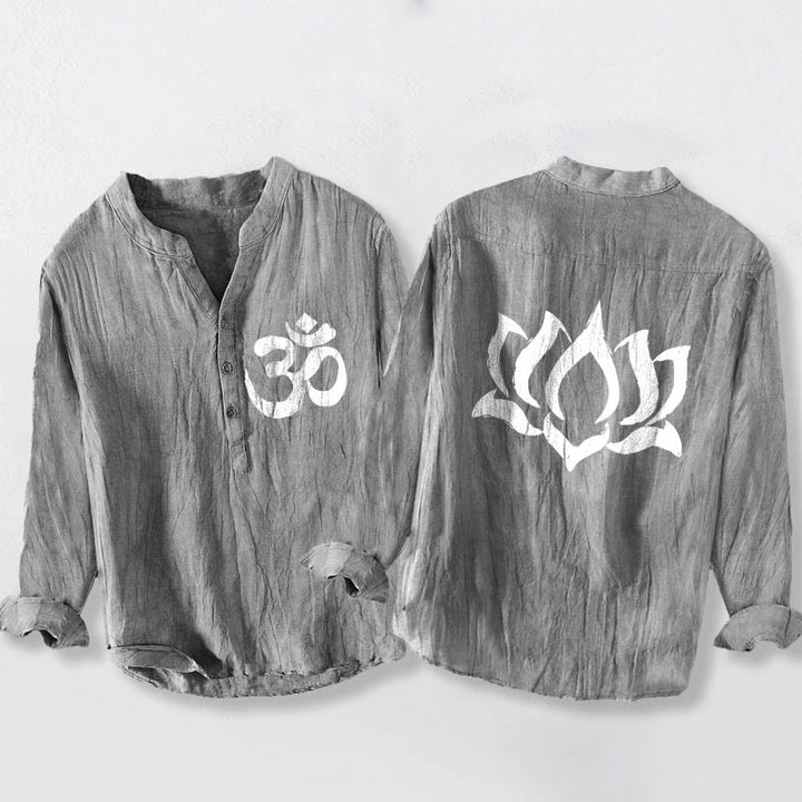 Buddha Stones Lotus Om Symbol Pattern Half Buttons Design Men's Cotton Linen Long Sleeve Shirt - Gray - US/UK/AU50，EU60 (5XL) - image 0