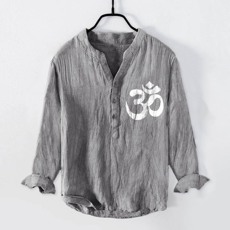 Buddha Stones Lotus Om Symbol Pattern Half Buttons Design Men's Cotton Linen Long Sleeve Shirt - image 1
