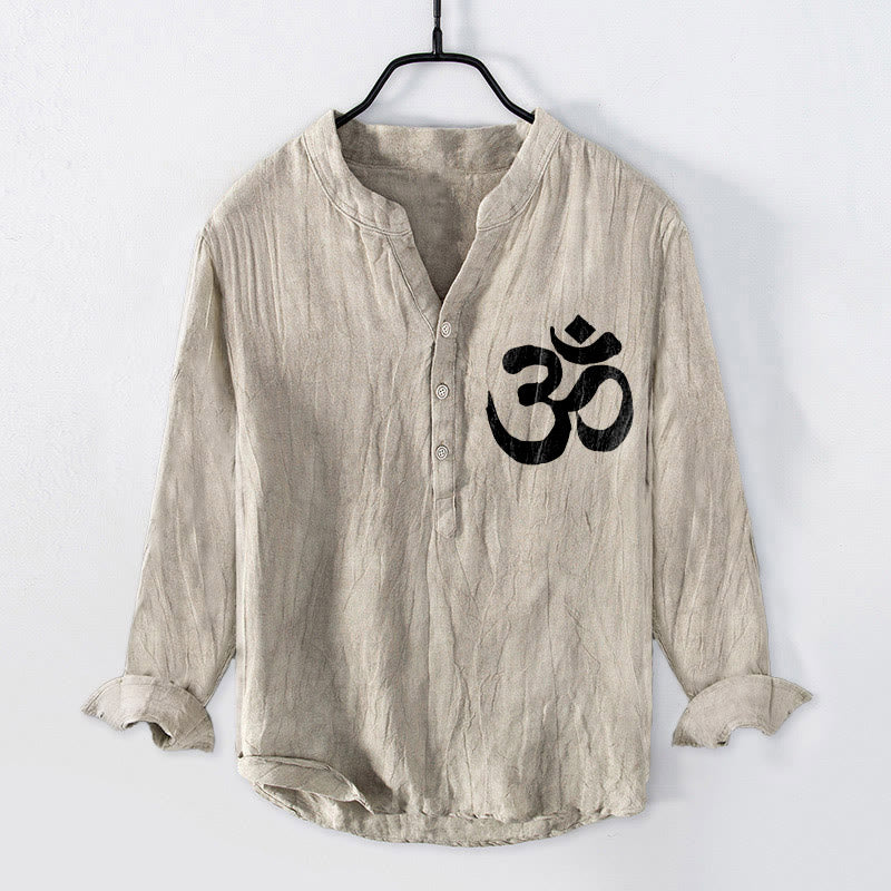 Buddha Stones Lotus Om Symbol Pattern Half Buttons Design Men's Cotton Linen Long Sleeve Shirt - image 4