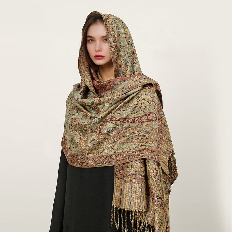 Buddha Stones Ethnic Daily Tibetan Paisley Pattern Tassel Cozy Scarf Shawl - DarkSeaGreen - 70*180cm - image 28