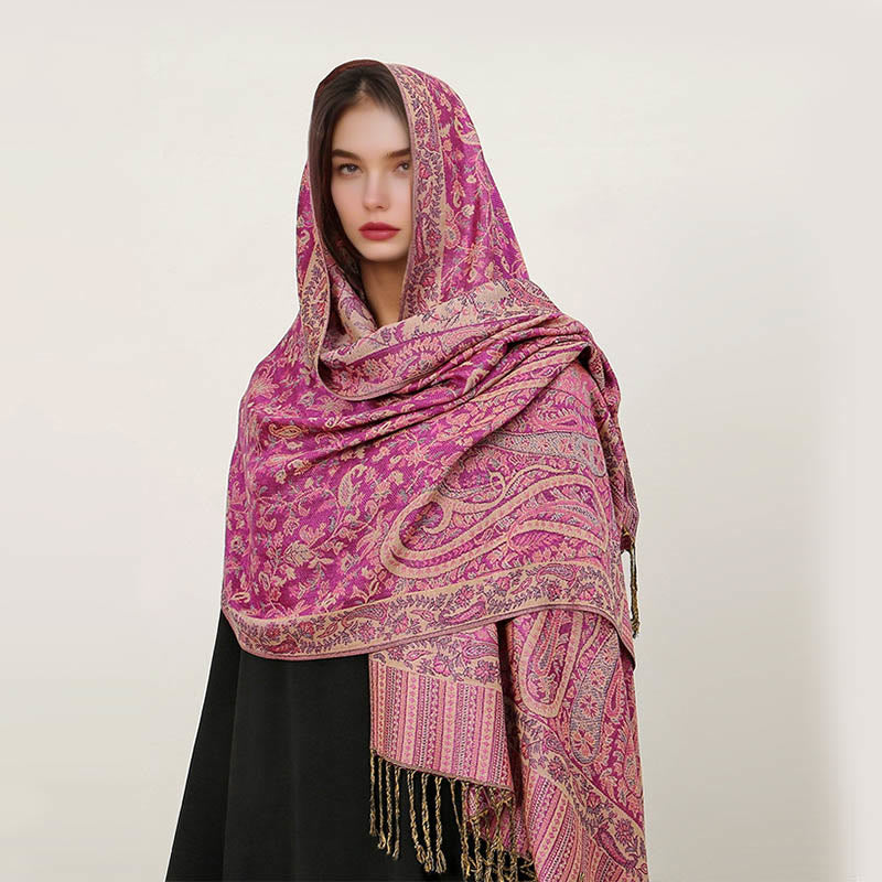 Buddha Stones Ethnic Daily Tibetan Paisley Pattern Tassel Cozy Scarf Shawl - DeepPink - 70*180cm - image 14