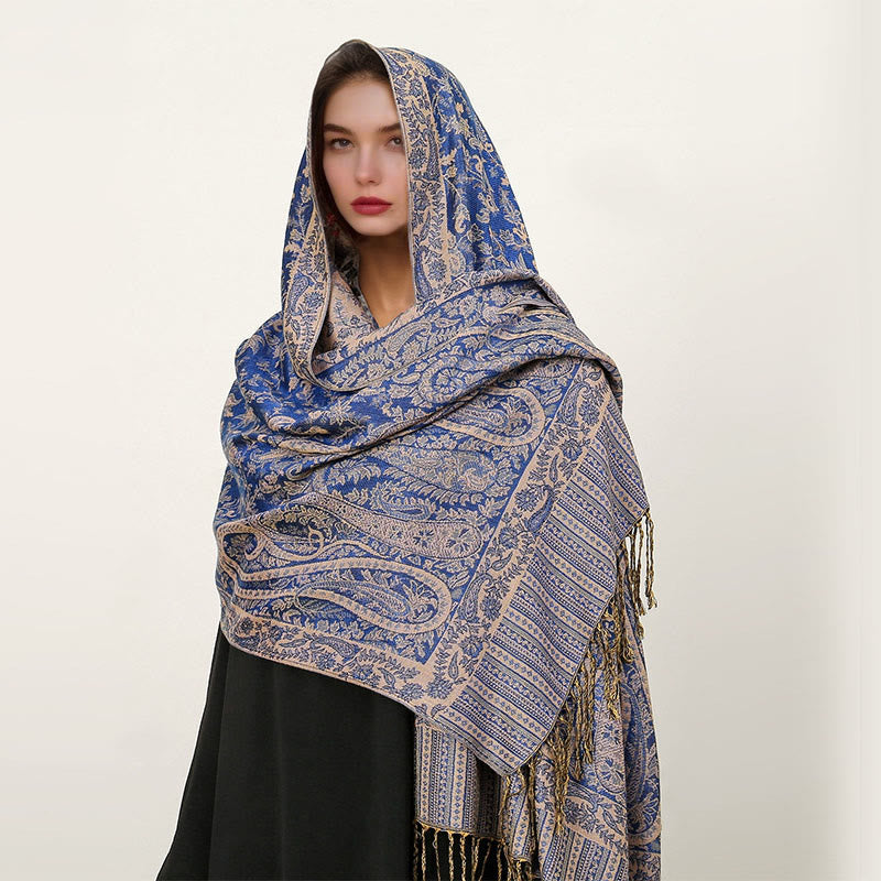 Buddha Stones Ethnic Daily Tibetan Paisley Pattern Tassel Cozy Scarf Shawl - SlateBlue - 70*180cm - image 10