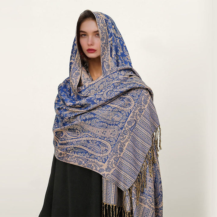 Buddha Stones Ethnic Daily Tibetan Paisley Pattern Tassel Cozy Scarf Shawl - SlateBlue - 70*180cm - image 10