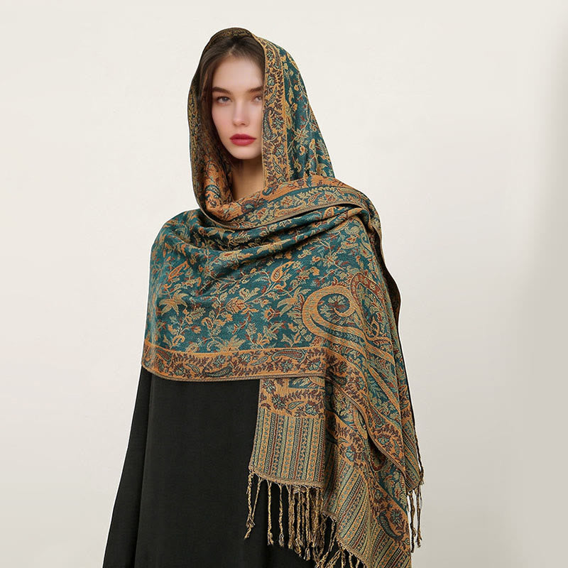 Buddha Stones Ethnic Daily Tibetan Paisley Pattern Tassel Cozy Scarf Shawl - Teal - 70*180cm - image 30