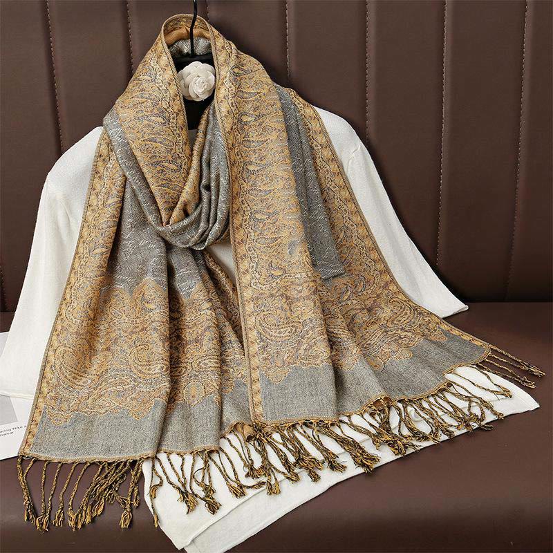 Buddha Stones Winter Ethnic Tibetan Jacquard Paisley Printing Pattern Tassel Cozy Scarf Shawl - Gold - 70*190cm - image 7