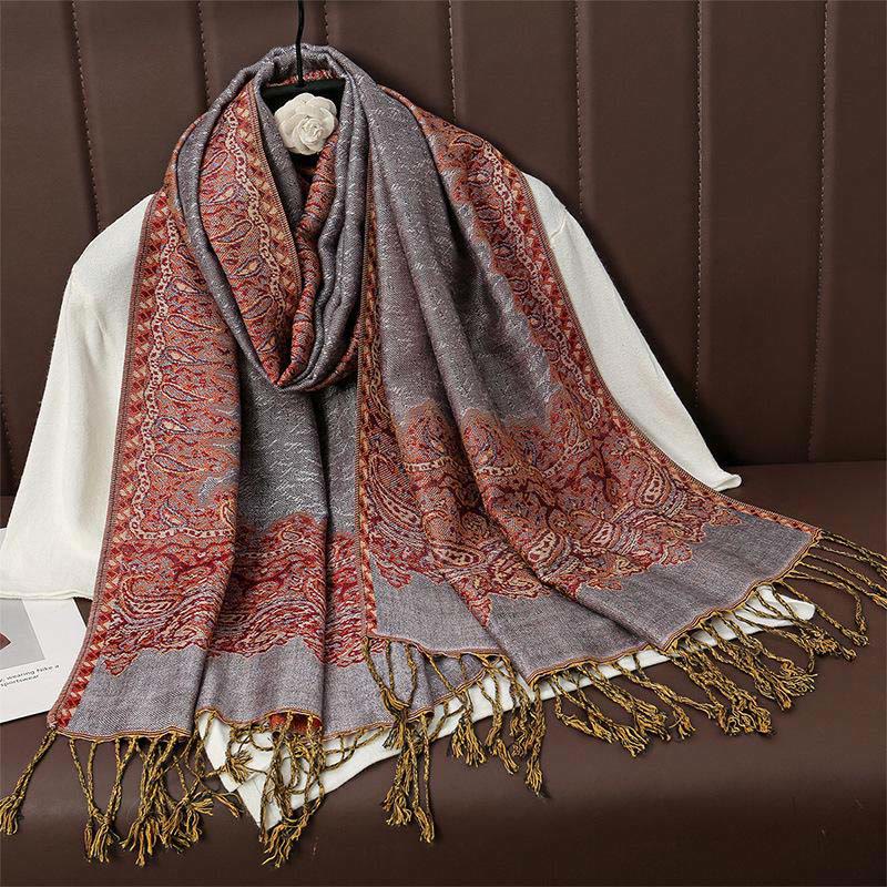 Buddha Stones Winter Ethnic Tibetan Jacquard Paisley Printing Pattern Tassel Cozy Scarf Shawl - RosyBrown - 70*190cm - image 11
