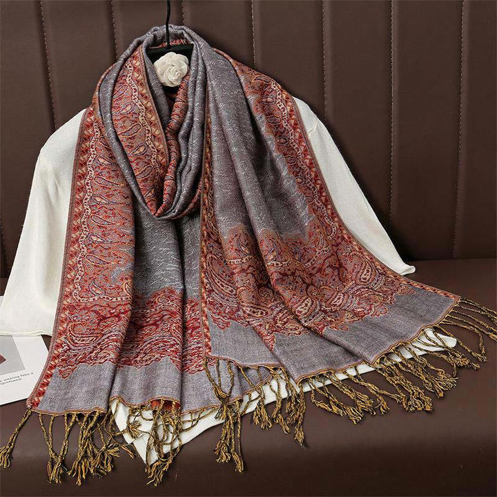 Buddha Stones Winter Ethnic Tibetan Jacquard Paisley Printing Pattern Tassel Cozy Scarf Shawl - RosyBrown - 70*190cm - image 11
