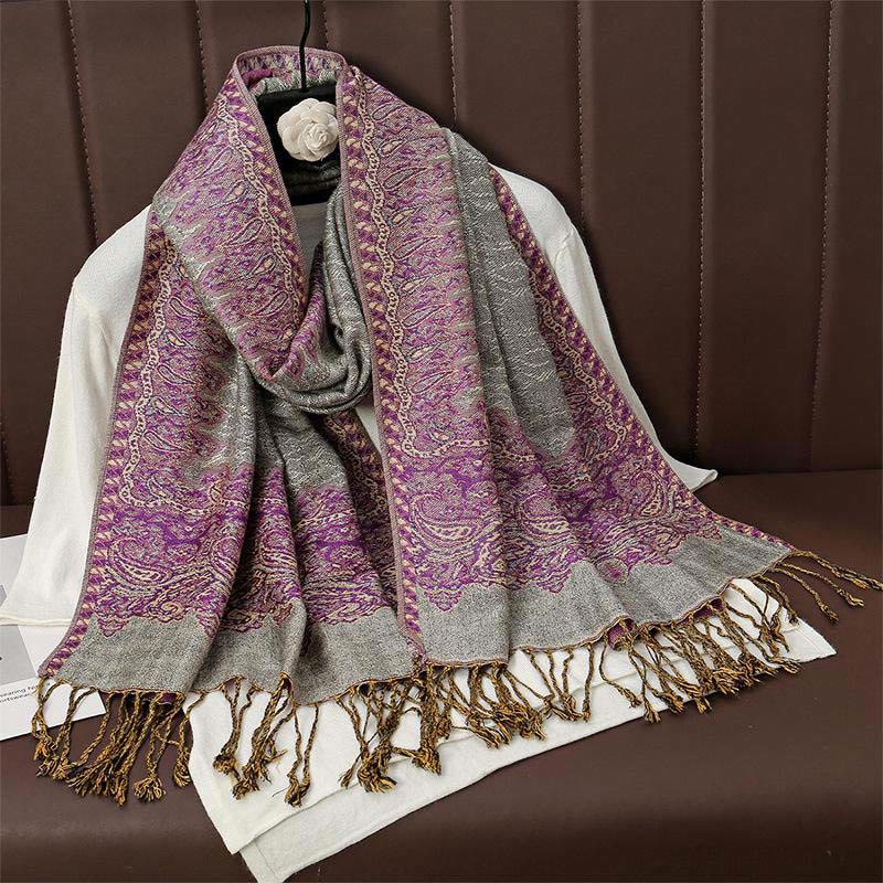 Buddha Stones Winter Ethnic Tibetan Jacquard Paisley Printing Pattern Tassel Cozy Scarf Shawl - DarkMagenta - 70*190cm - image 9
