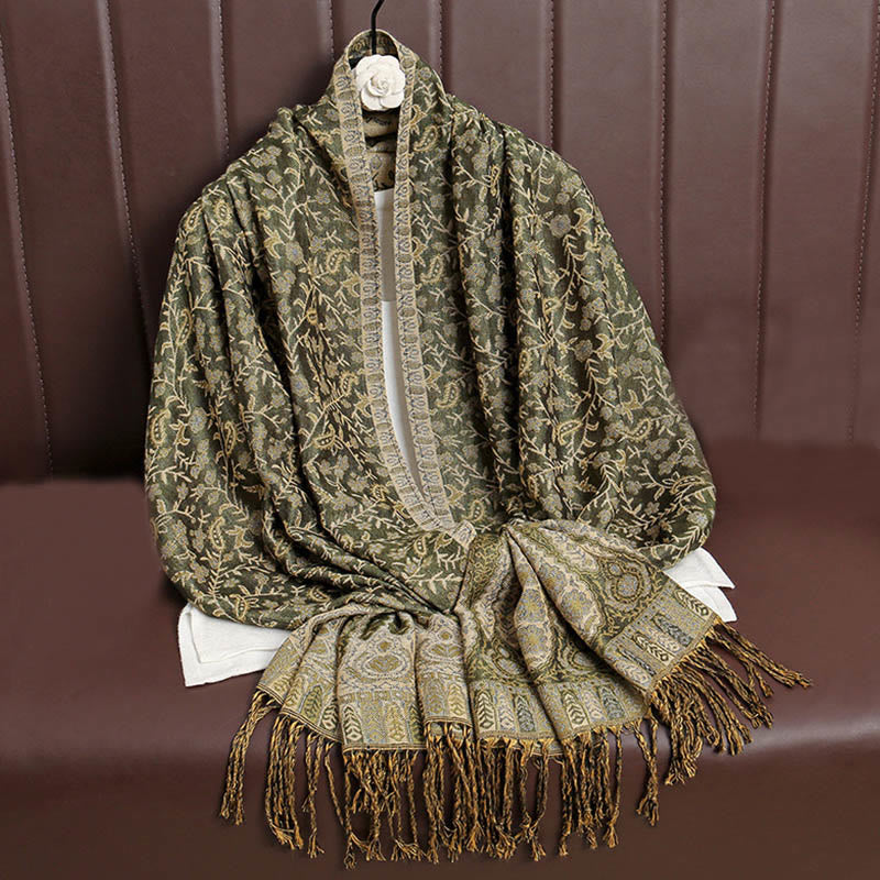 Buddha Stones Tibetan Jacquard Paisley Flower Pattern Color Contrast Design Tassel Cozy Scarf Shawl - OliveDrab - image 17