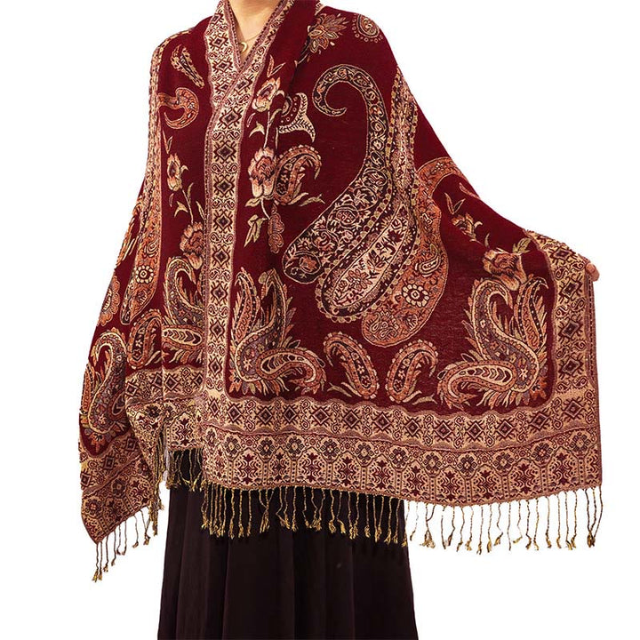Buddha Stones Bohemia Style Tibetan Paisley Floral Pattern Tassel Cozy Scarf Shawl - DarkRed - 70*180 cm - image 8