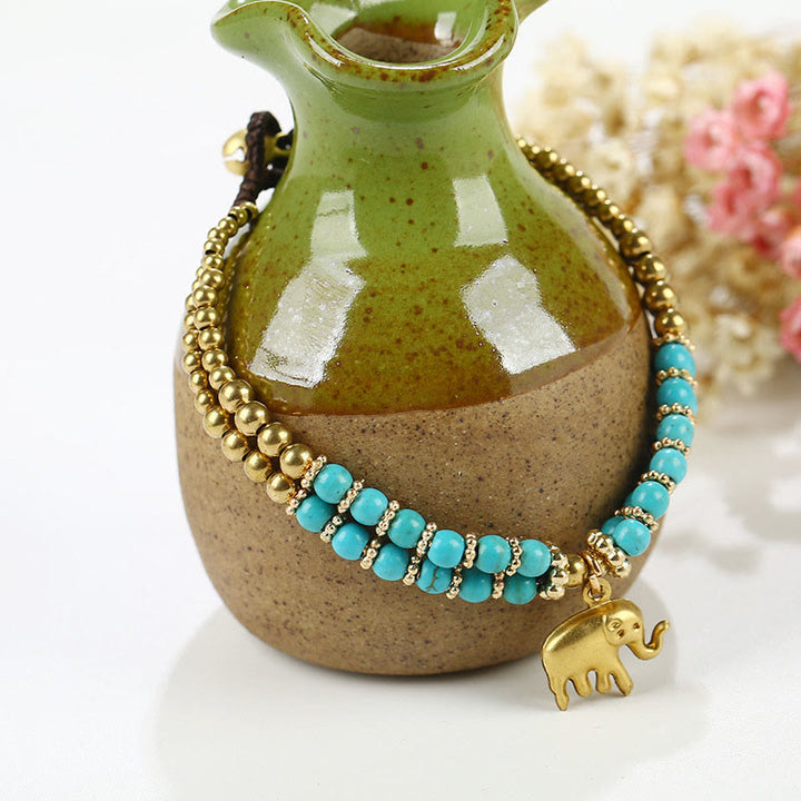 Buddha Stones Turquoise Elephant Luck Double-layer Plated Copper Strength Bracelet - Turquoise(Wrist Circumference: 15-18cm) - image 7