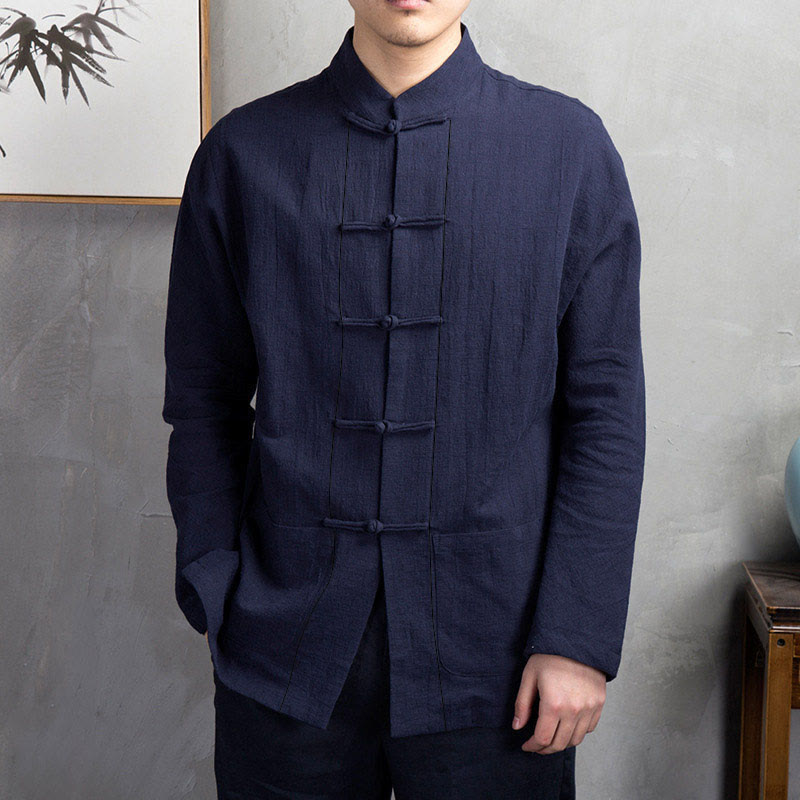 Buddha Stones Solid Color Casual Frog-button Men's Shirt Clothing - MidnightBlue - US/UK/AU44，EU54 (5XL) - image 9