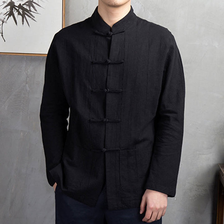 Buddha Stones Solid Color Casual Frog-button Men's Shirt Clothing - image 23