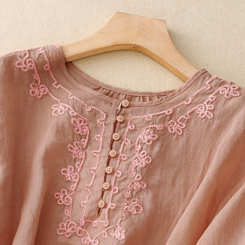 Buddha Stones Casual Women's Plain Frog Buckle Design Half Sleeve Shirt - image 2