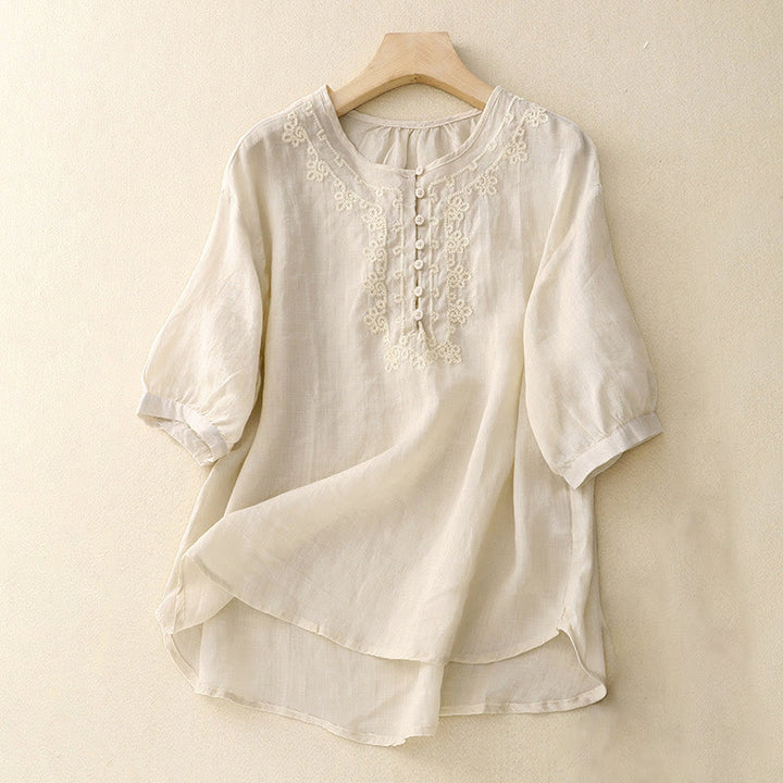 Buddha Stones Casual Women's Plain Frog Buckle Design Half Sleeve Shirt - Ivory - US8-10，UK/AU12-14，EU40-42 (2XL) - image 7