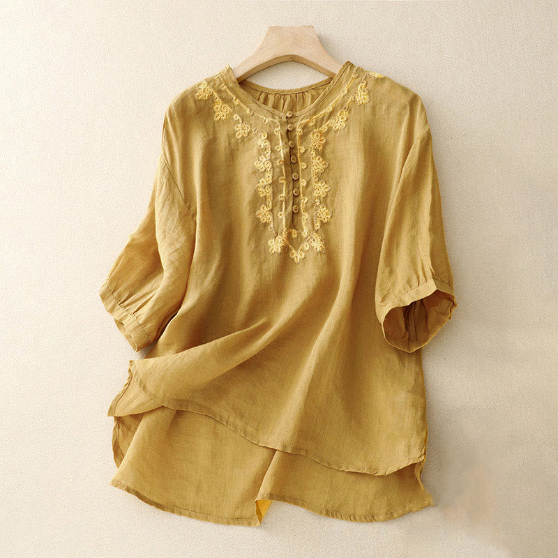 Buddha Stones Casual Women's Plain Frog Buckle Design Half Sleeve Shirt - Goldenrod - US8-10，UK/AU12-14，EU40-42 (2XL) - image 12