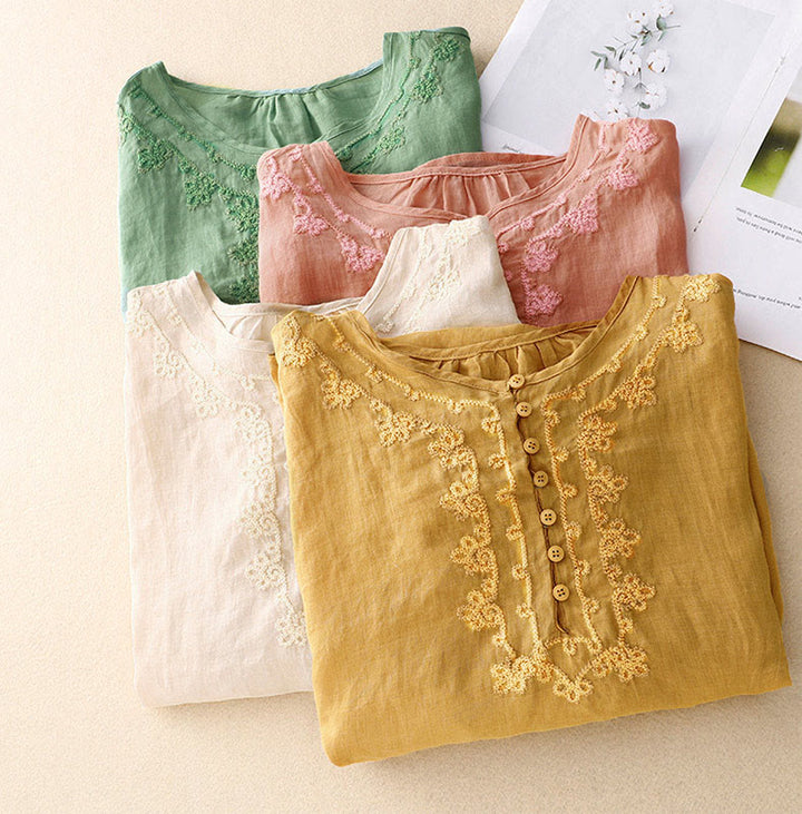 Buddha Stones Casual Women's Plain Frog Buckle Design Half Sleeve Shirt - image 24