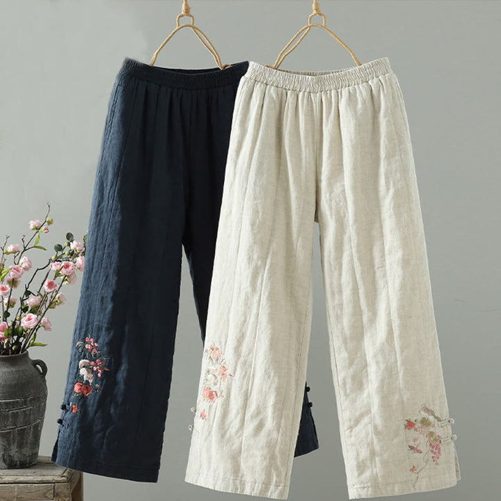 Buddha Stones Embroidered Frog Button Padded Women's Wide Leg Pants With Pockets - MidnightBlue - US8-10，UK/AU12-14，EU40-42 (2XL) - image 0