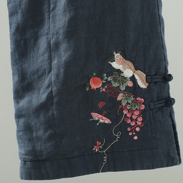 Buddha Stones Embroidered Frog Button Cotton Padded Women's Wide Leg Pants With Pockets - image 4