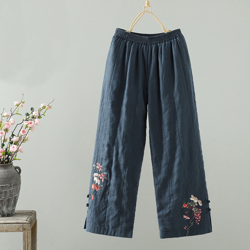 Buddha Stones Embroidered Frog Button Padded Women's Wide Leg Pants With Pockets - image 1