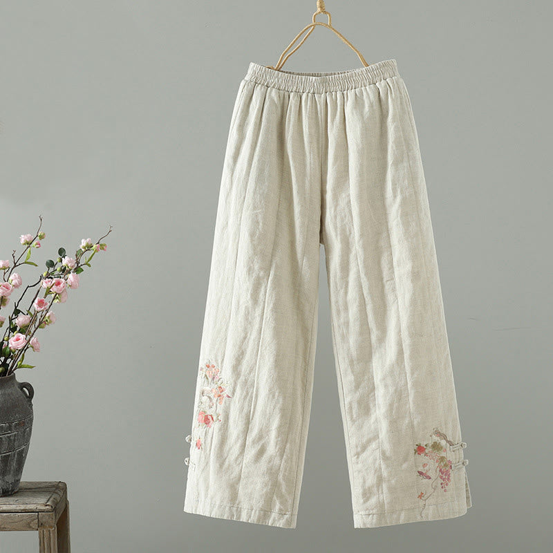 Buddha Stones Embroidered Frog Button Padded Women's Wide Leg Pants With Pockets - Beige - US8-10，UK/AU12-14，EU40-42 (2XL) - image 6