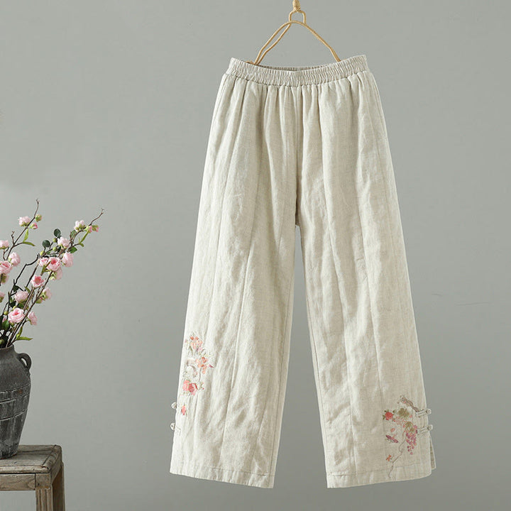 Buddha Stones Embroidered Frog Button Padded Women's Wide Leg Pants With Pockets - Beige - US8-10，UK/AU12-14，EU40-42 (2XL) - image 6