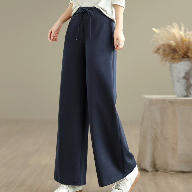 Buddha Stones Plain Drawstring Cotton Polyester Women's Wide Leg Pants With Pockets - Navy - US8-10，UK/AU12-14，EU40-42 (2XL) - image 0