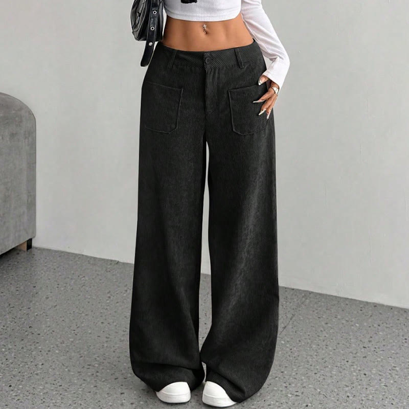 Buddha Stones Plain Corduroy Polyester Women's Buttons Wide Leg Pants With Pockets - image 20