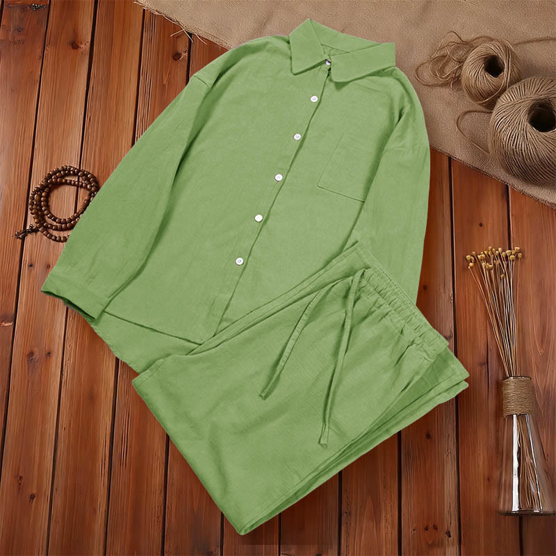 Buddha Stones 2Pcs Long Sleeve Shirt Top With Pockets Drawstring Capri Pants Meditation Cotton Clothing Women's Set - image 1