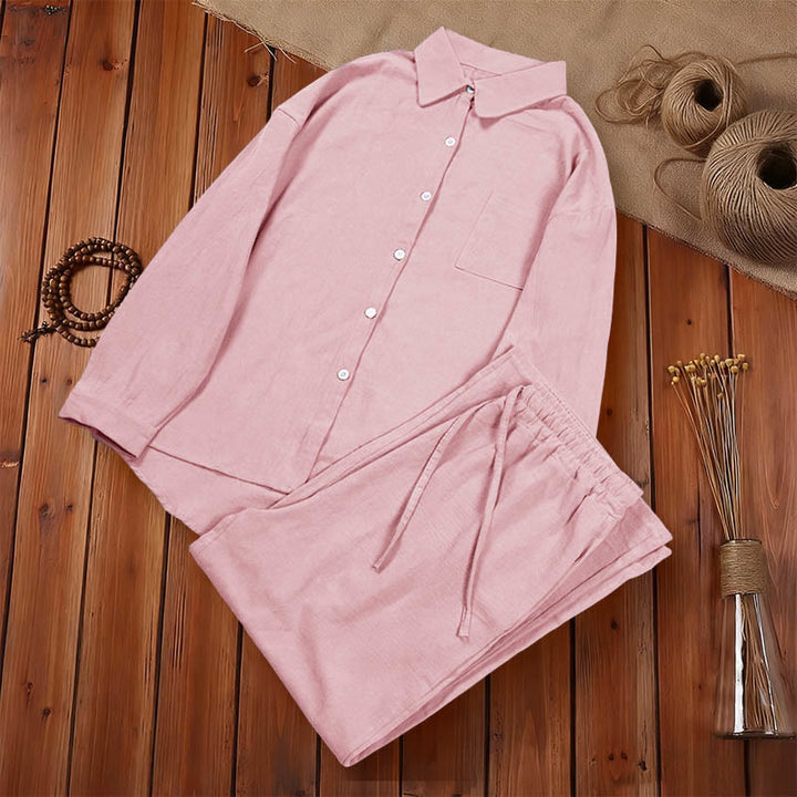 Buddha Stones 2Pcs Long Sleeve Shirt Top With Pockets Drawstring Pants Meditation Cotton Linen Clothing Women's Set - image 7