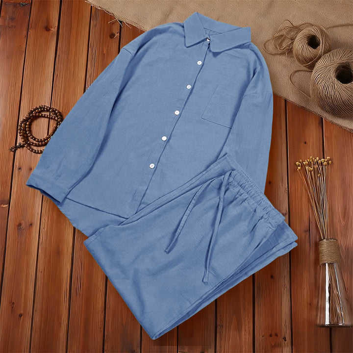 Buddha Stones 2Pcs Long Sleeve Shirt Top With Pockets Drawstring Pants Meditation Cotton Linen Clothing Women's Set - image 19