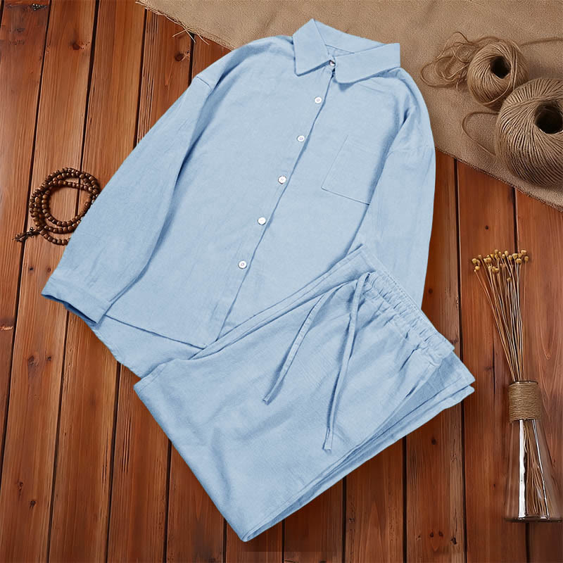 Buddha Stones 2Pcs Long Sleeve Shirt Top With Pockets Drawstring Capri Pants Meditation Cotton Clothing Women's Set - image 25