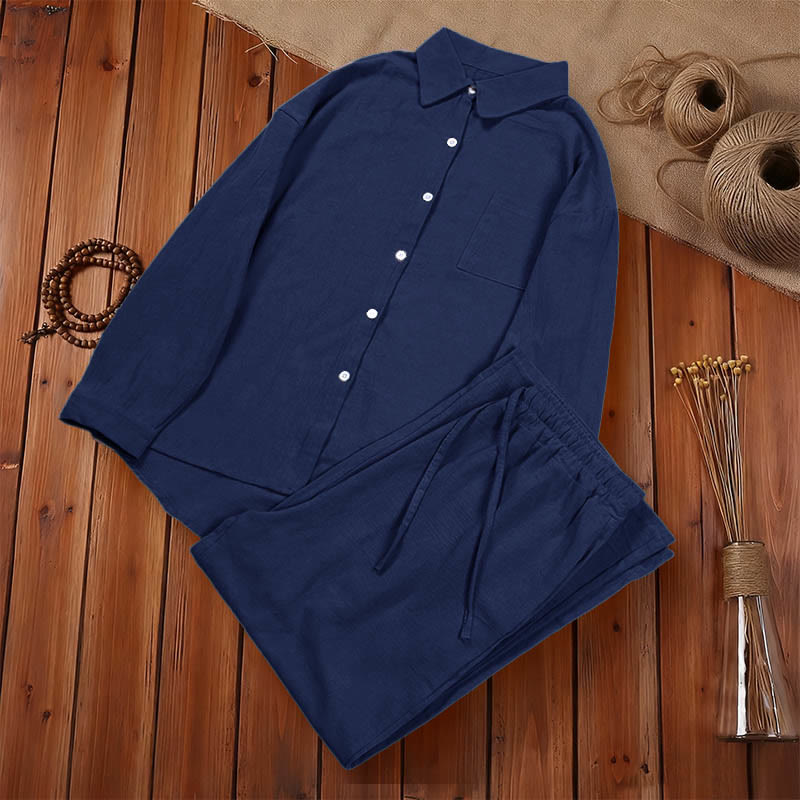 Buddha Stones 2Pcs Long Sleeve Shirt Top With Pockets Drawstring Pants Meditation Cotton Linen Clothing Women's Set - image 31