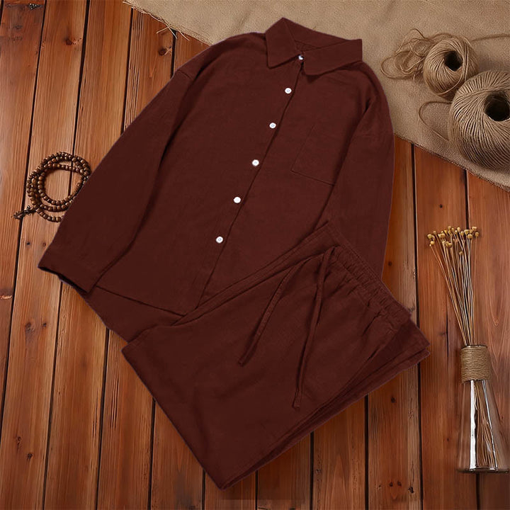 Buddha Stones 2Pcs Long Sleeve Shirt Top With Pockets Drawstring Capri Pants Meditation Cotton Clothing Women's Set - image 37