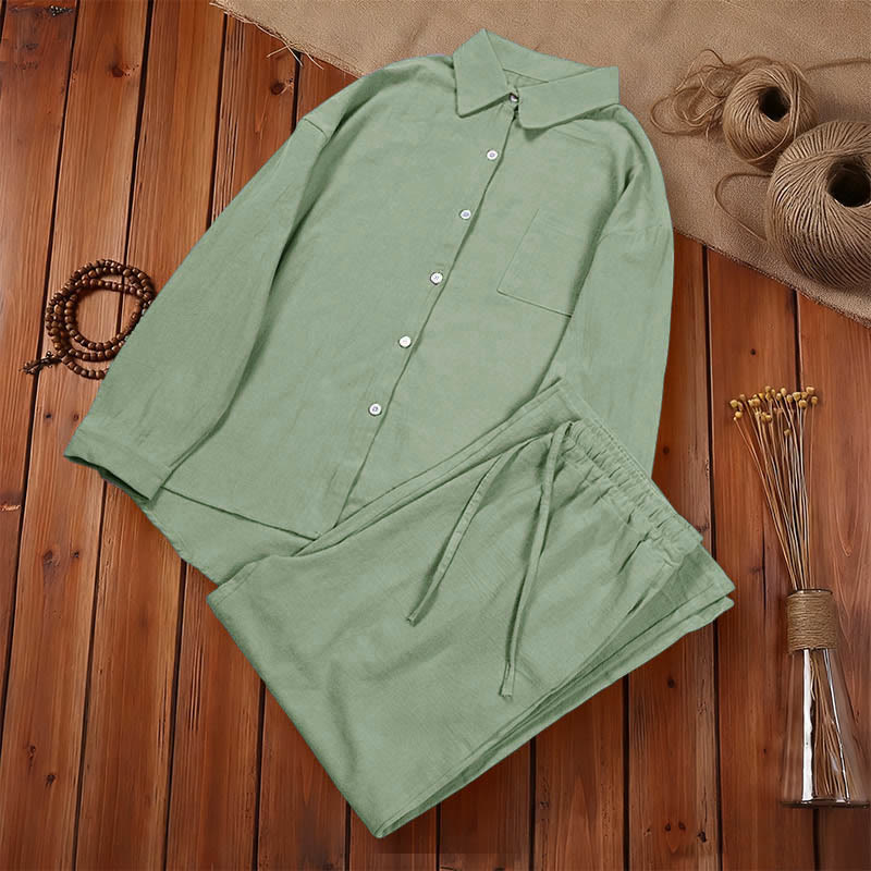 Buddha Stones 2Pcs Long Sleeve Shirt Top With Pockets Drawstring Capri Pants Meditation Cotton Clothing Women's Set - image 43
