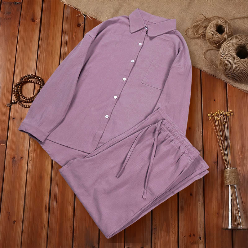 Buddha Stones 2Pcs Long Sleeve Shirt Top With Pockets Drawstring Pants Meditation Cotton Linen Clothing Women's Set - image 55