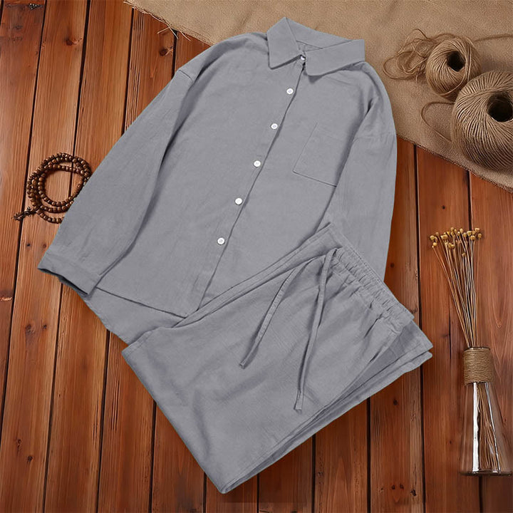 Buddha Stones 2Pcs Long Sleeve Shirt Top With Pockets Drawstring Capri Pants Meditation Cotton Clothing Women's Set - image 49