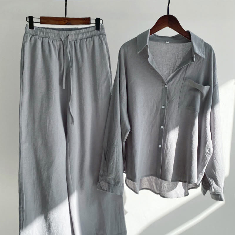Buddha Stones 2Pcs Long Sleeve Shirt Top With Pockets Drawstring Pants Meditation Cotton Linen Clothing Women's Set - Gray - US20，UK/AU24，EU52 (5XL) - image 48