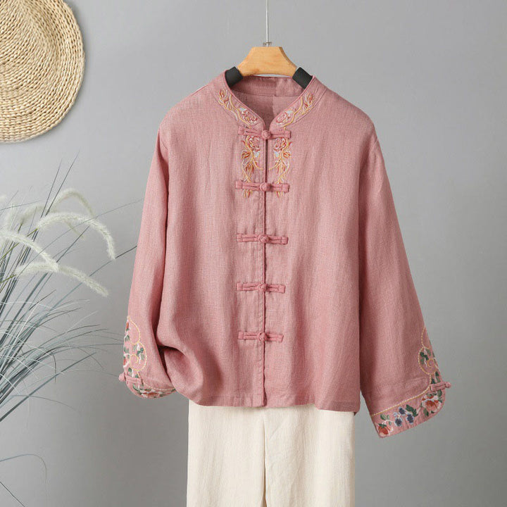 Buddha Stones Casual Women's Embroidery Long Sleeve Stand Collar Cotton Shirt - Pink - US14，UK/AU18，EU46 (2XL) - image 10
