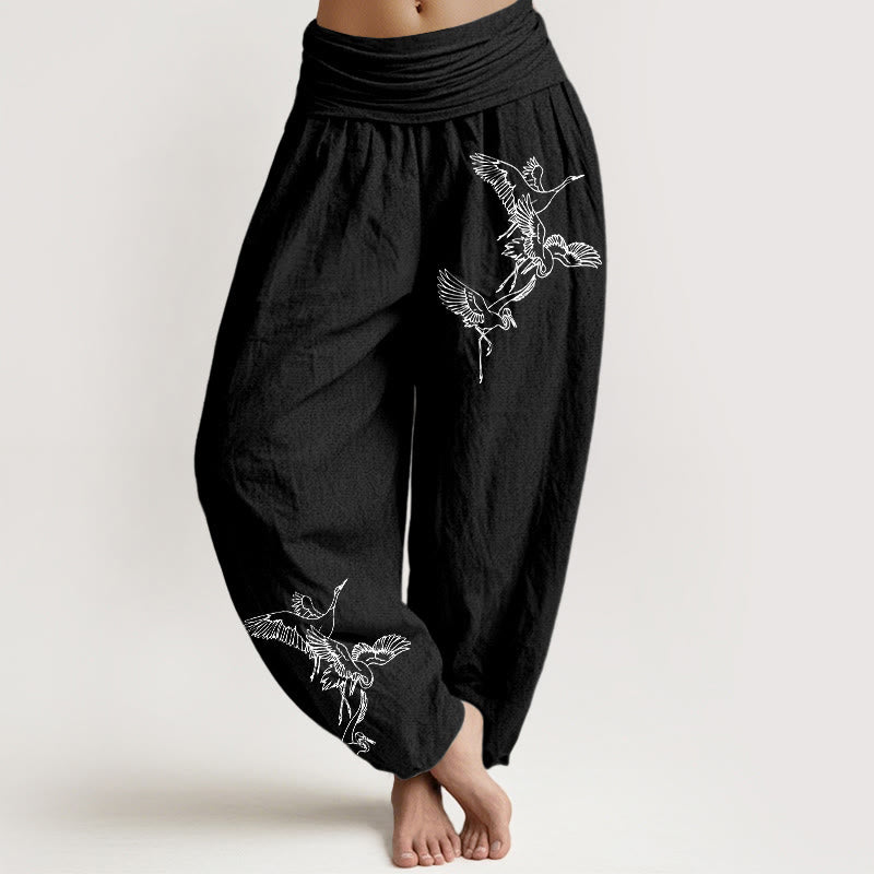 Buddha Stones Flying Crane Pattern Women's Elastic Waist Harem Cotton Pants - Black - US22，UK/AU26，EU54 (6XL) - image 5
