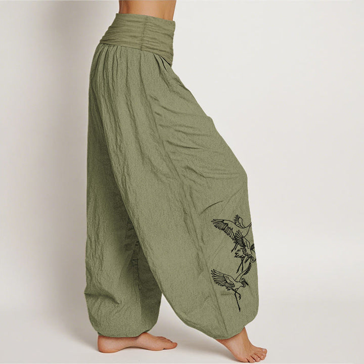 Buddha Stones Flying Crane Pattern Women's Elastic Waist Harem Cotton Pants - image 15