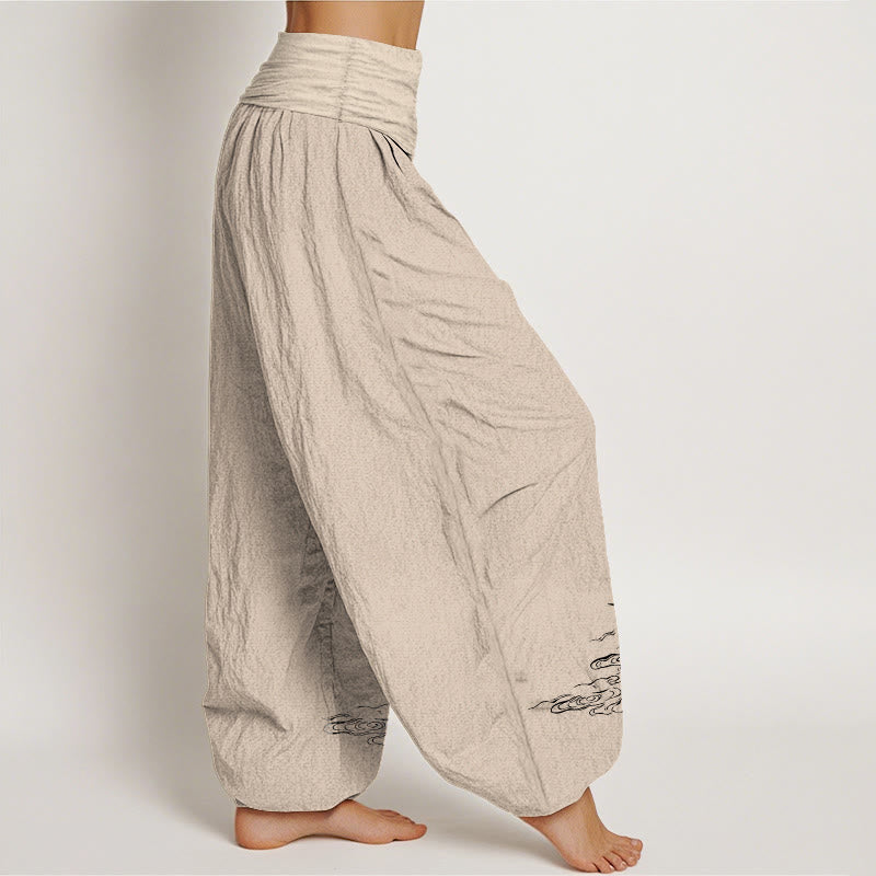 Buddha Stones Crane Flowing Water Pattern Women's Elastic Waist Harem Cotton Pants - image 12