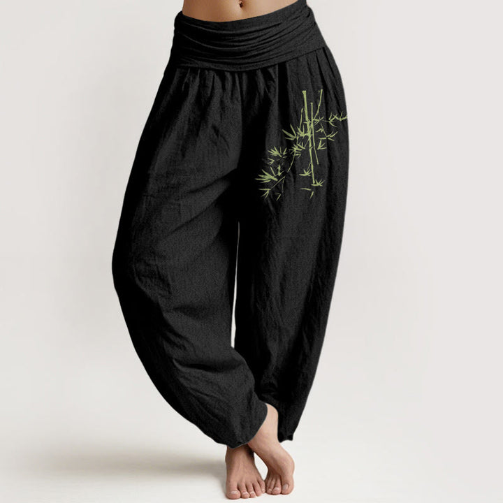 Buddha Stones Bamboo Stems Leaves Pattern Women's Elastic Waist Harem Cotton Pants - Black - US22，UK/AU26，EU54 (6XL) - image 0