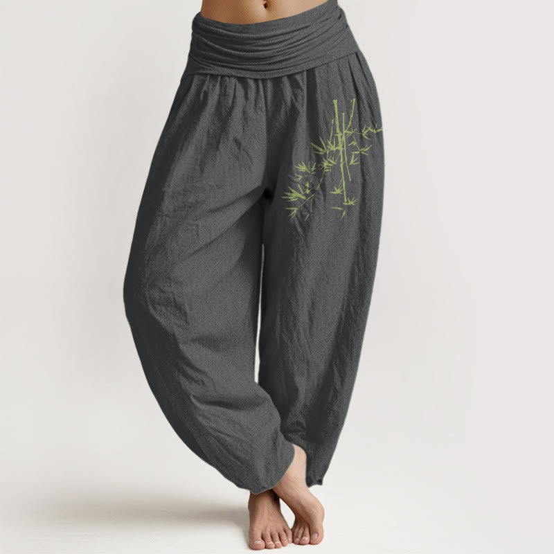 Buddha Stones Bamboo Stems Leaves Pattern Women's Elastic Waist Harem Cotton Pants - DimGray - US22，UK/AU26，EU54 (6XL) - image 8