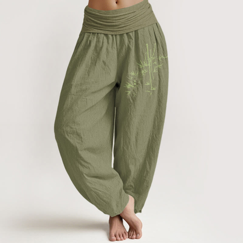 Buddha Stones Bamboo Stems Leaves Pattern Women's Elastic Waist Harem Cotton Pants - OliveDrab - US22，UK/AU26，EU54 (6XL) - image 14