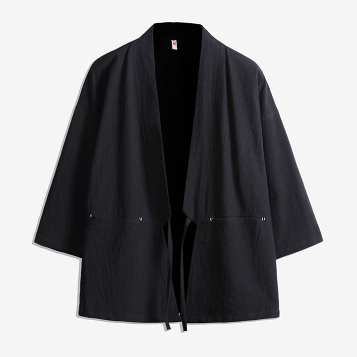 Buddha Stones Solid Color Lace-up Three Quarter Sleeve Open Front Jacket Men's Kimono - Black - US/UK/AU48，EU58(5XL) - image 2